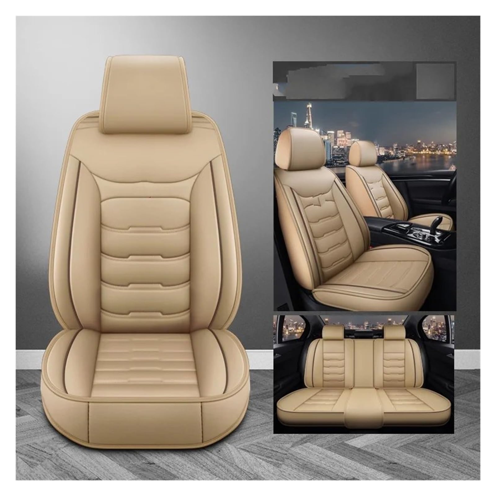 Autositzbezüge Für Chevrolet Für Spark Für Captiva Für Camaro Für Lova Für Aveo Für Trailblazer Für Tracker Universal Leder 3D Auto Sitz Abdeckung Auto-Schonbezüge(Beige 5seat) von CQRBNE