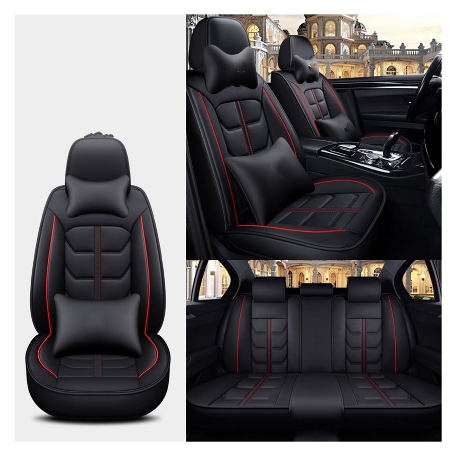 Autositzbezüge Für Civic Für Fit Für CRV Für XRV Für Accord Für Odyssey Für Jazz Für City Alle Modelle Leder Auto Sitzbezug Auto-Schonbezüge(Black Red Pillow A) von CQRBNE