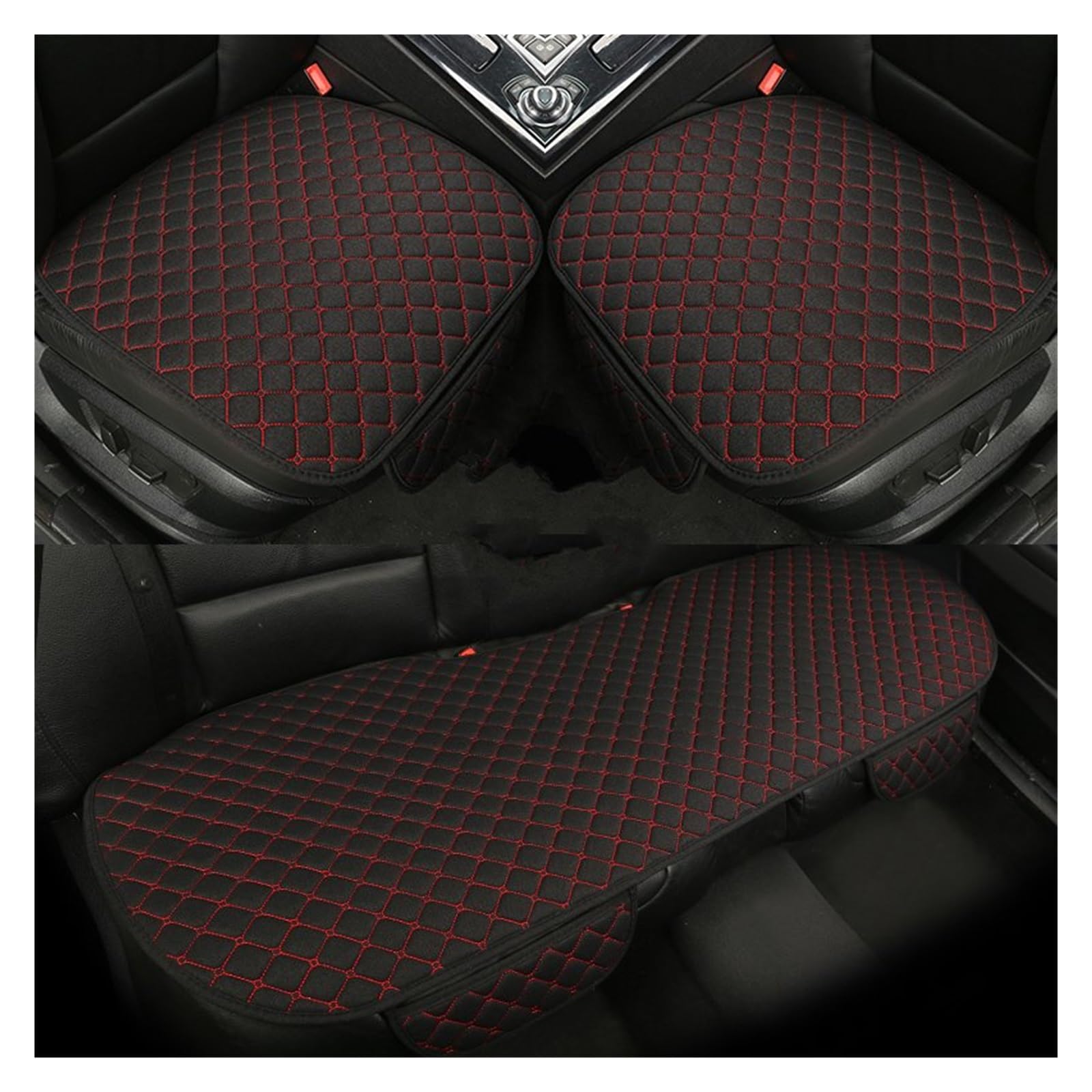 CQRBNE Autositzbezüge Flachs-Autositzbezug Vorne Und Hinten Leinenstoff Übergröße Kissen Atmungsaktiv Schutzmatte Polsterung LKW SUV Van Auto-Schonbezüge(3pcs Black red) von CQRBNE