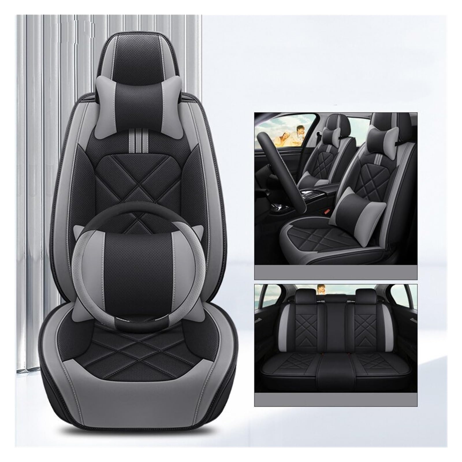 CQRBNE Autositzbezüge Für Chevrolet Für Cruze Für Captiva Für Sonic Für Spark Für Aveo Alle Modelle Auto-Styling Allgemeine Leder Auto Sitzbezug Auto-Schonbezüge(Black Grey Pillow) von CQRBNE