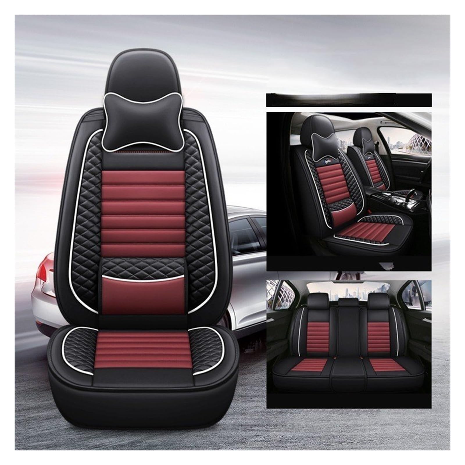 CQRBNE Autositzbezüge Für Hyundai Für Santa Für Tucson Für Renalang Für Domina 5 Sitze Universal Auto Leder Sitzbezug Auto-Schonbezüge(BlackRed with Pillow) von CQRBNE