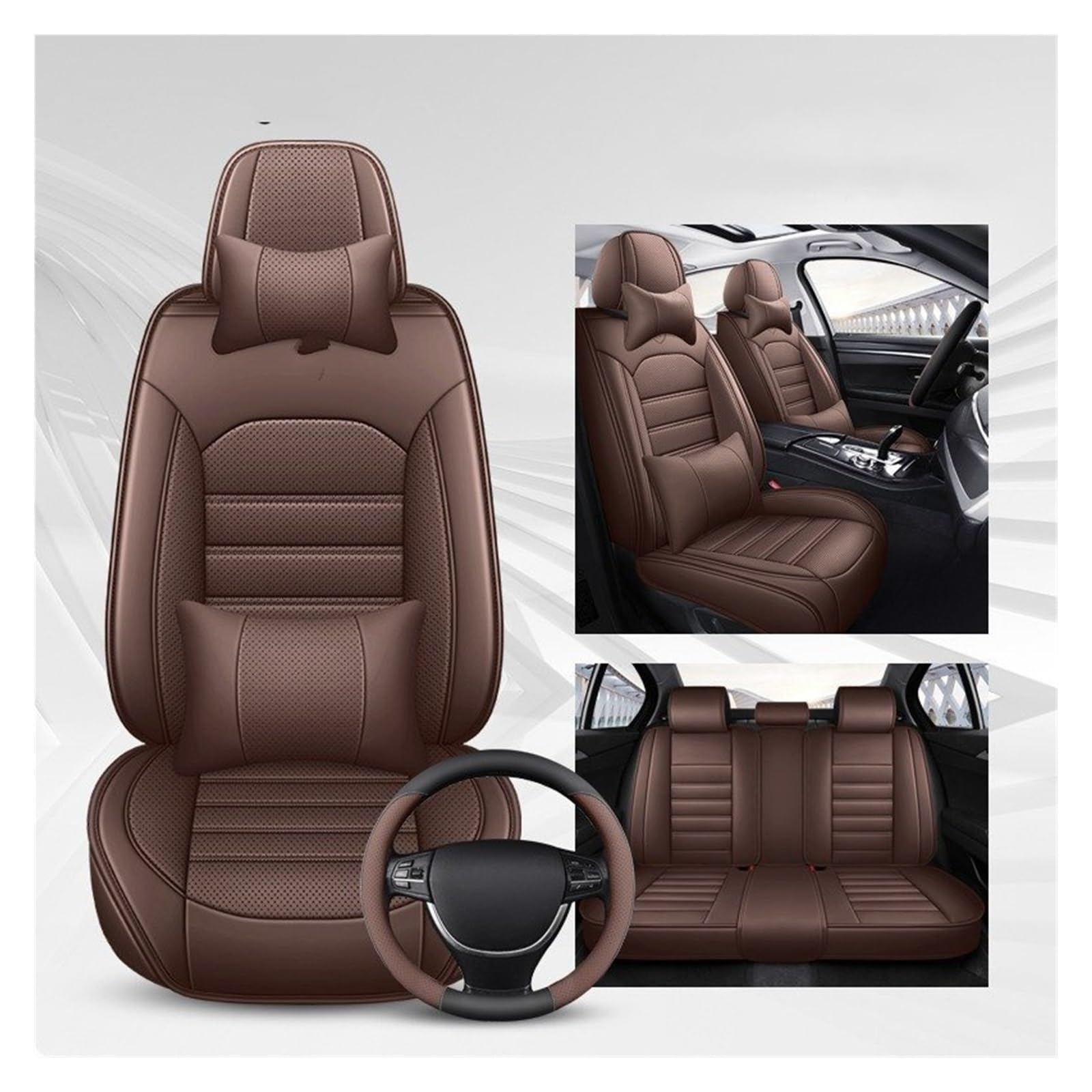 CQRBNE Autositzbezüge Für Polo Für Quest Für Tiguan Für Jetta Für Golf Für Lavida Für Sagitar Für Santana Vollen Satz Leder Universal Auto Sitz Abdeckung Auto-Schonbezüge(Coffee with Pillow) von CQRBNE