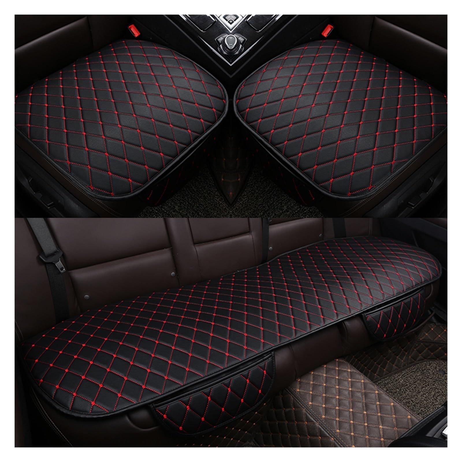 CQRBNE Autositzbezüge Vier Jahreszeiten Sitzbezug PU Leder Auto Sitzkissen Autos Sitzbezug Universal Auto Stuhl Protector Pad Matte Auto-Schonbezüge(3pcs Black red) von CQRBNE