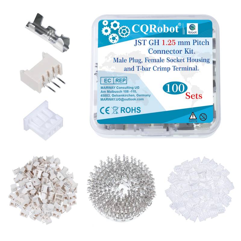 CQRobot JST GH 1,25 mm Tonhöhe 3-Polige Elektronischer Steckverbinder IC Männlich Stecker, Weiblich Buchsengehäuse und T-Crimp-Klemme. 100 Sätze / 500 Teile Kabel-zu-Platine-Adapterkabelbaugruppe. von CQRobot