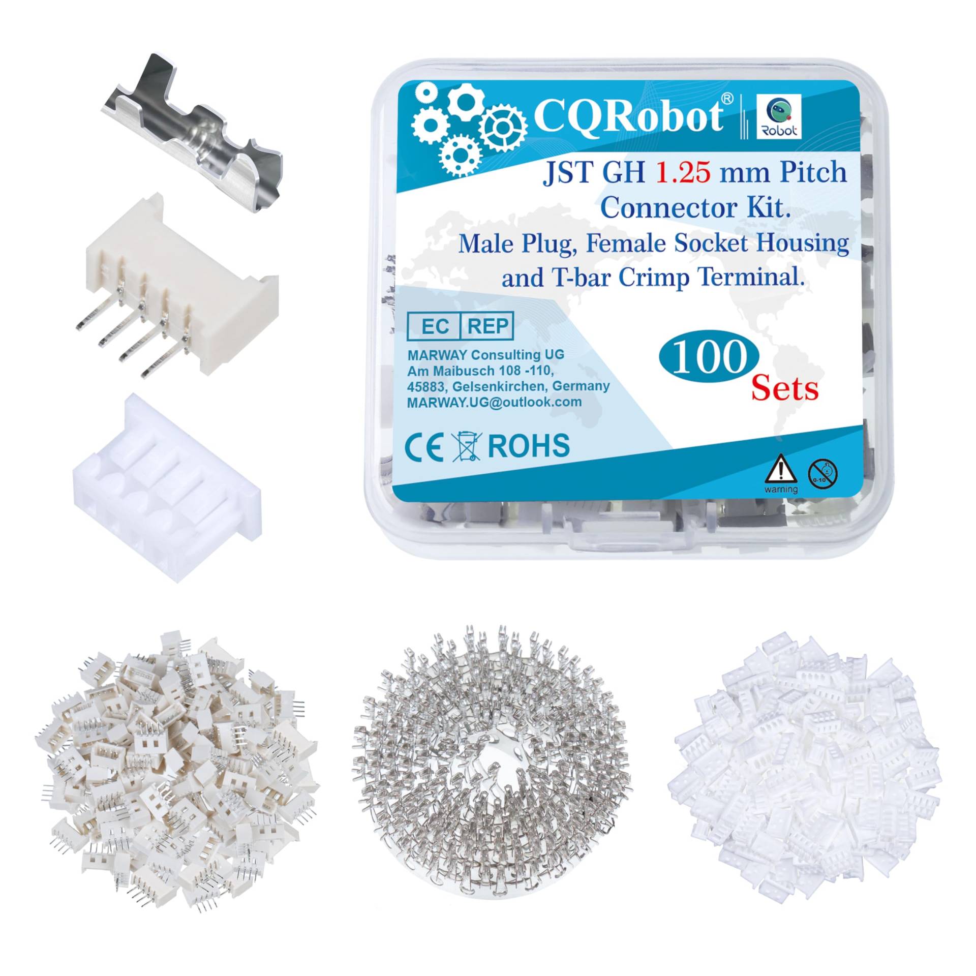 CQRobot JST GH 1,25 mm Tonhöhe 4-Polige Elektronischer Steckverbinder IC Männlich Stecker, Weiblich Buchsengehäuse und T-Crimp-Klemme. 100 Sätze / 600 Teile Kabel-zu-Platine-Adapterkabelbaugruppe. von CQRobot