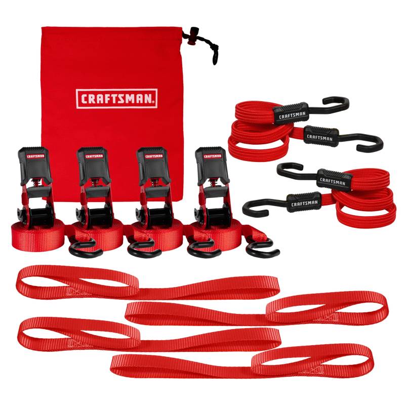 CRAFTSMAN CMXAZBS777 Spanngurt-Set mit Ratschengurten, Bungee-Gurten, weichen Schlaufenbändern und Aufbewahrungstasche (0,7 kg Bruchfestigkeit), Schwarz/Rot, 10-teiliges Set – Frachtmanagement und von CRAFTSMAN