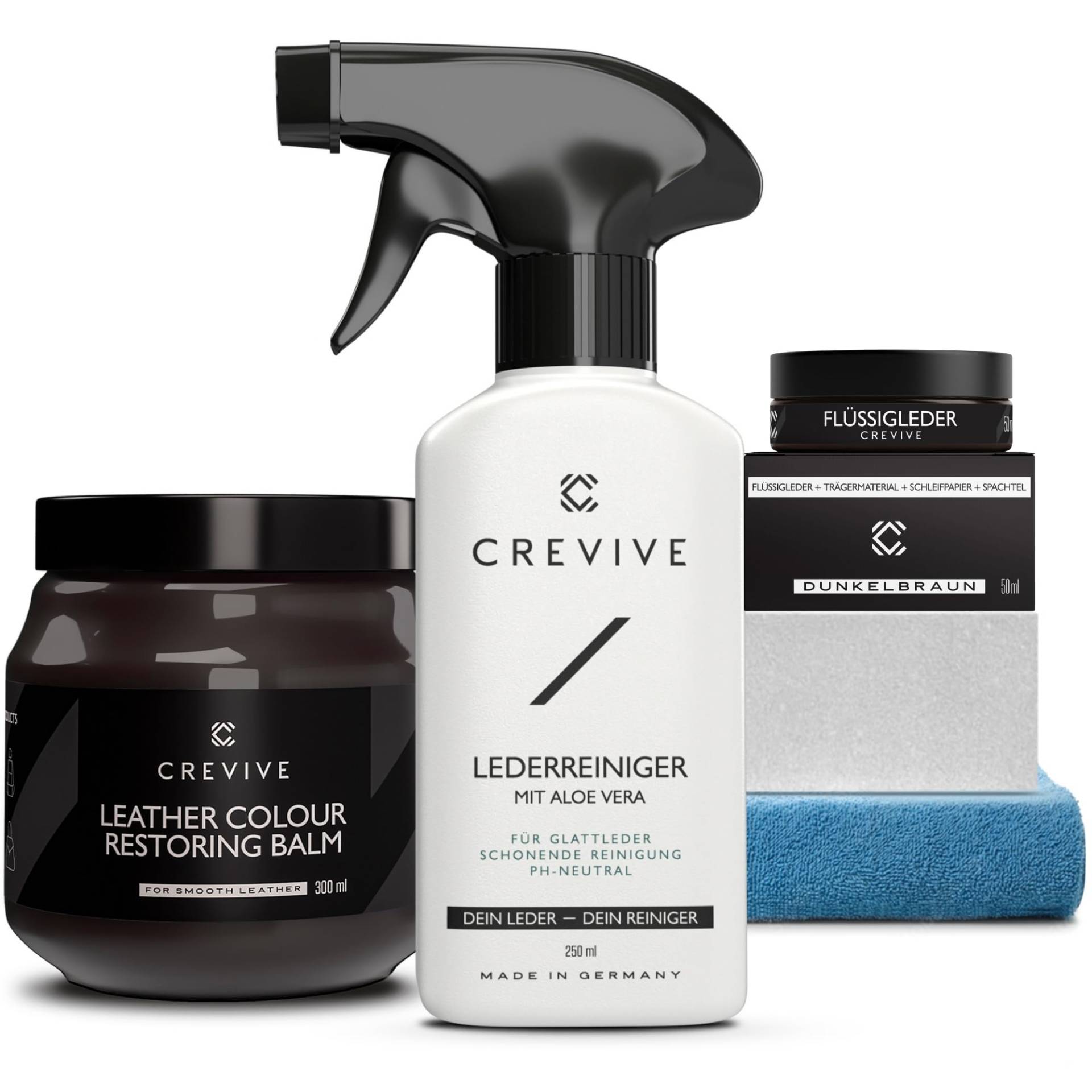 CREVIVE Flüssigleder Dunkelbraun 50 ml, Lederreiniger 250 ml & Reperatur Balsam 300 ml - Leder Reparatur Set Braun - Kunstleder Reparaturset - Lederreparaturset für Sofa, Couch, Lenkrad, Autositze von CREVIVE