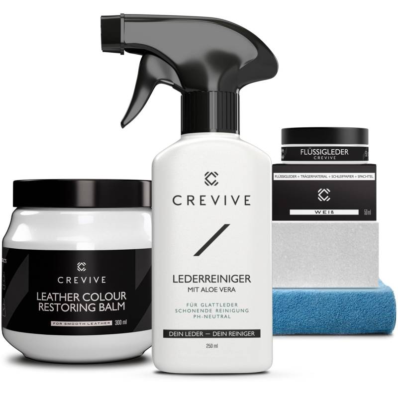 CREVIVE Flüssigleder Weiß 50 ml, Lederreiniger 250 ml & Reperatur Balsam 300 ml - Leder Reparatur Set Weiß - Kunstleder Reparaturset - Lederreparaturset für Sofa, Couch, Lenkrad, Autositze von CREVIVE