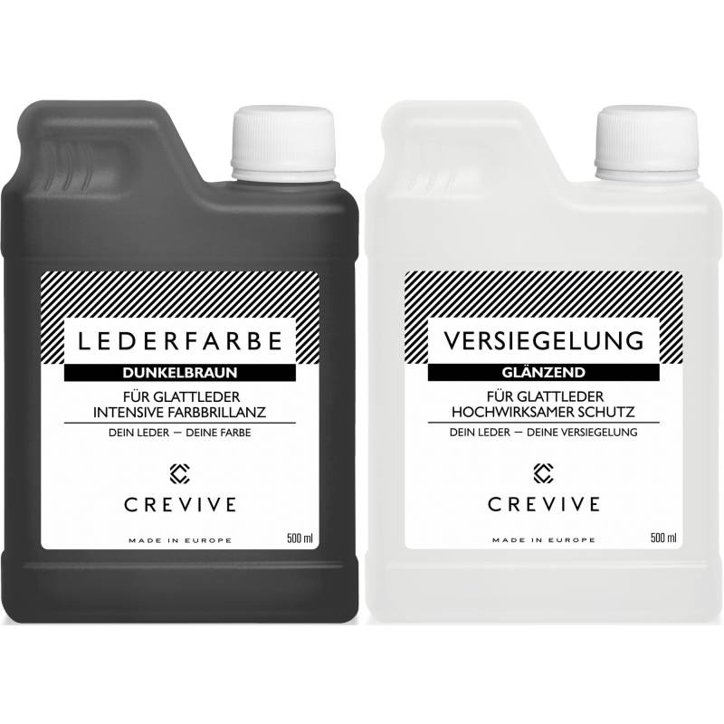 CREVIVE Lederfarbe Dunkelbraun 500 ml & Leder Versiegelung Glänzend 500 ml – für Echtleder zum färben und umfärben - zum Schutz und zur Fixierung von Leder Farbe - Lederfarbe Sofa - Lederfarbe Auto von CREVIVE