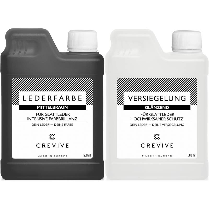 CREVIVE Lederfarbe Mittelbraun 500 ml & Leder Versiegelung Glänzend 500 ml – für Echtleder zum färben und umfärben - zum Schutz und zur Fixierung von Leder Farbe - Lederfarbe Sofa - Lederfarbe Auto von CREVIVE