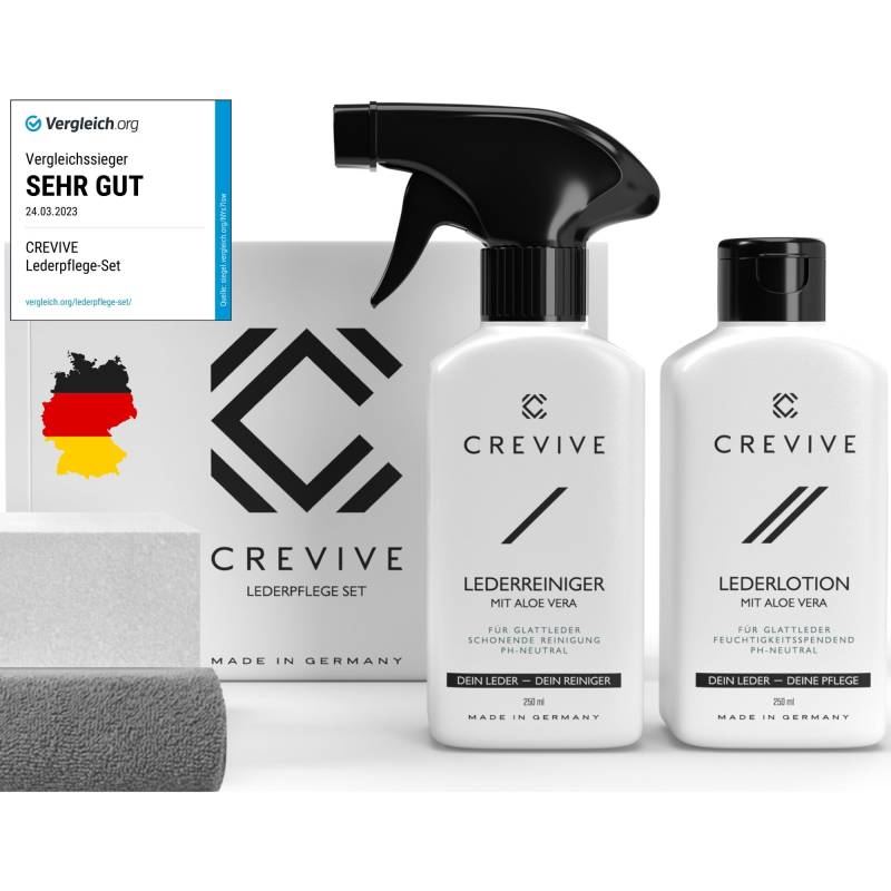 CREVIVE Lederpflege Set inkl. Lederreiniger & Lederlotion mit Aloe Vera + Schwamm + Tuch - Lederpflege Sofa - Lederpflege für Ledercouch - Lederpflege Auto - Ledersofa, Jacke, Schuhe, Tasche von CREVIVE