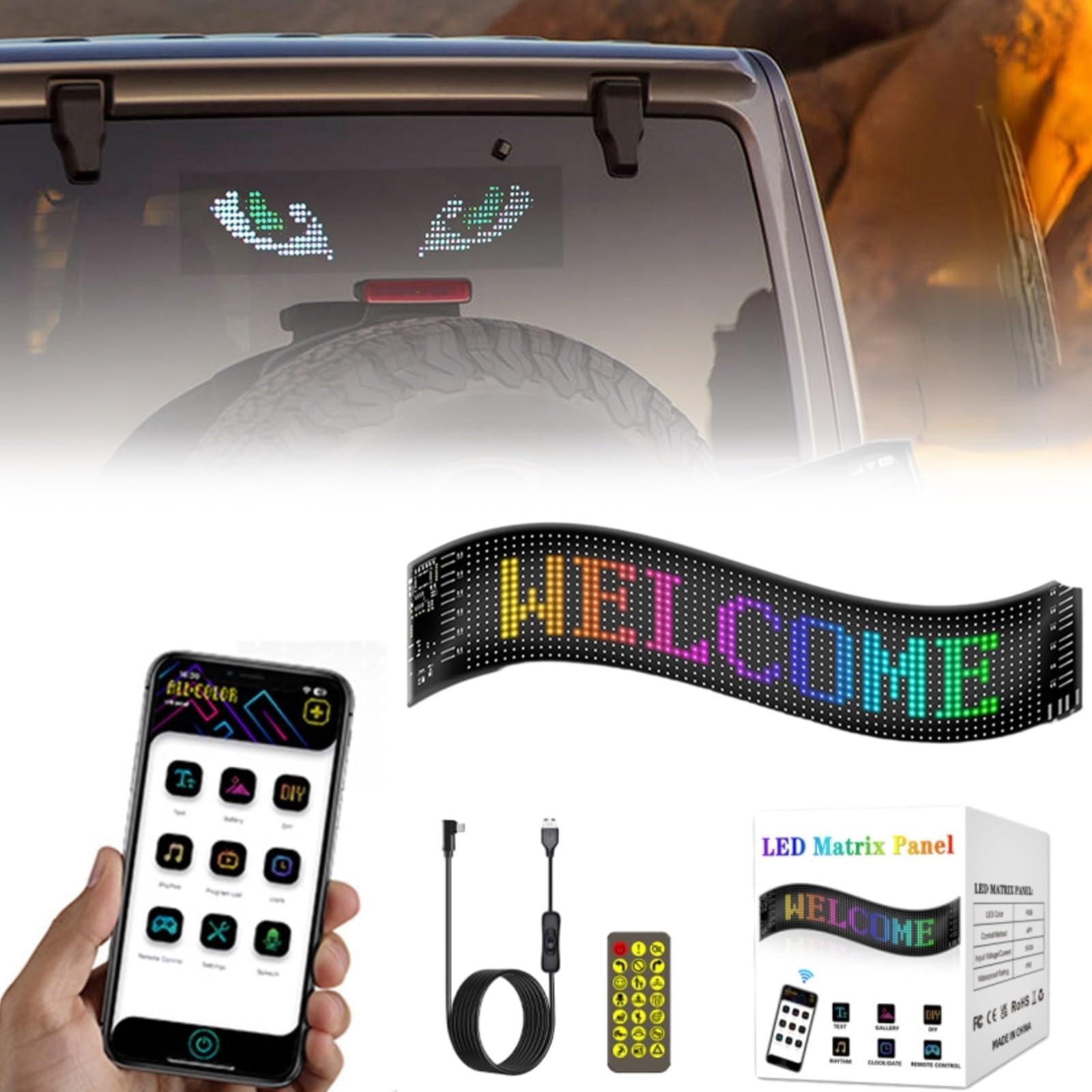 CRGANGZY LED Augen for LKW und Auto, Devil Eyes Lichter Auto, APP Steuerung wasserdicht Colorful Eye Lamp Soft Screen for Car Window, Programmierbares Flex-Auto-LED-Display(102x348MM) von CRGANGZY