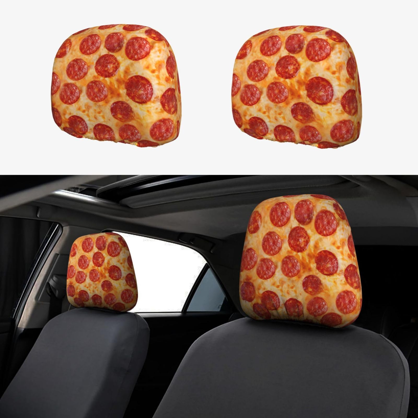 CRPPSYYR 3D Pizza Pepperoni bedruckter Auto-Kopfstützenbezug, 2 Stück, universeller Sitzbezug von CRPPSYYR