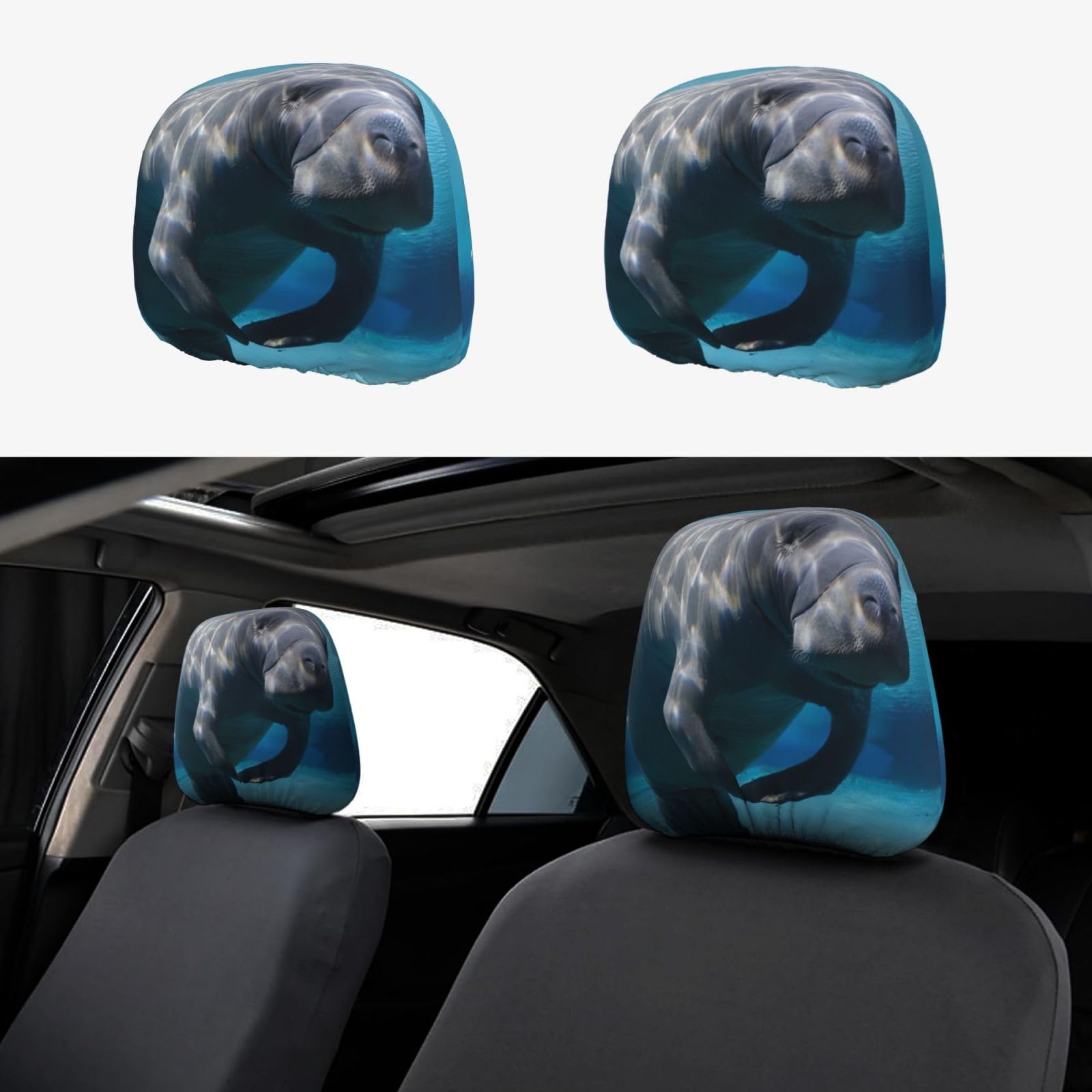 CRPPSYYR Autositz-Kopfstützenbezug mit niedlichem Seekuh, bedruckt, 2 Stück von CRPPSYYR