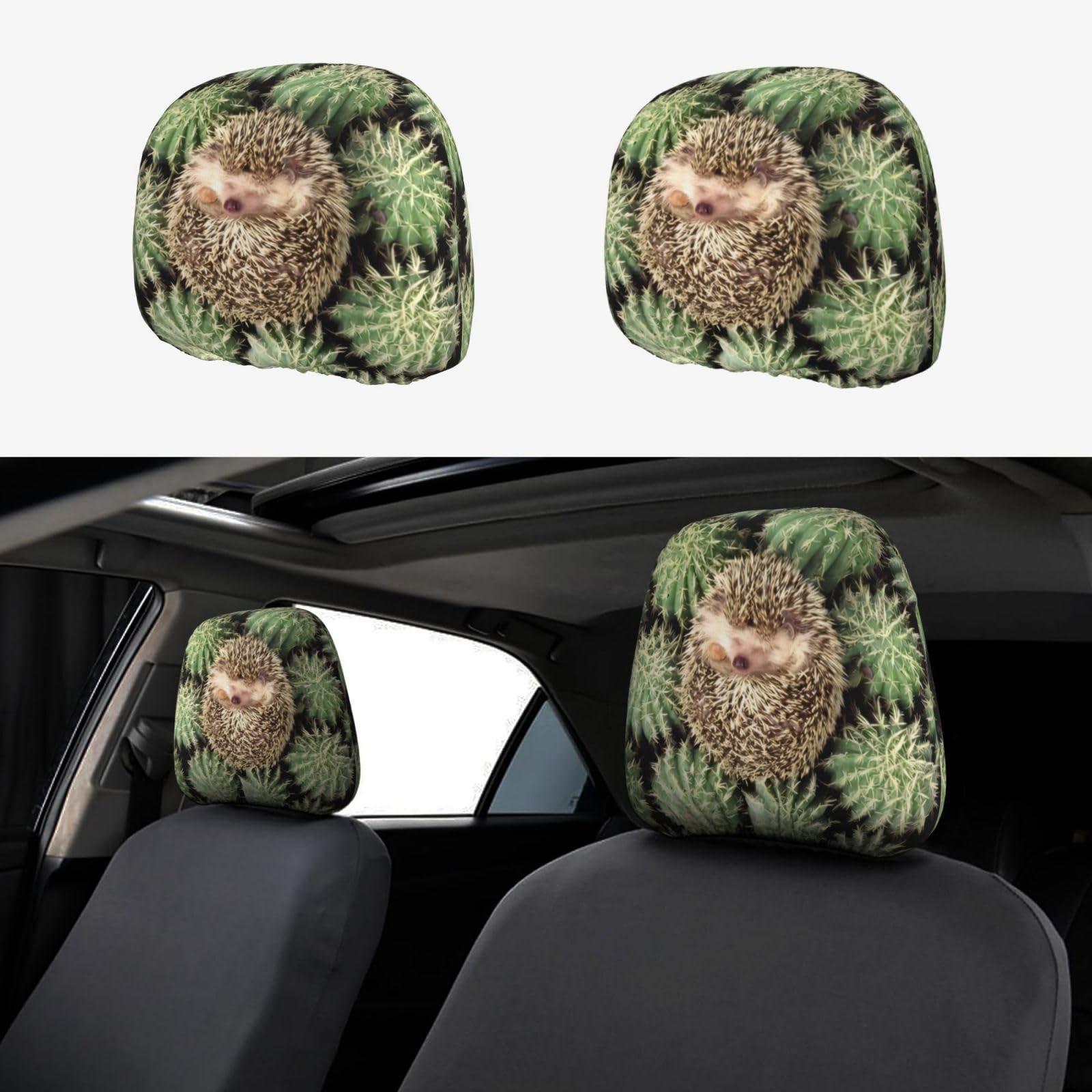 CRPPSYYR Igel Kaktus bedruckte Auto-Kopfstützenbezug, 2 Stück, universeller Sitzbezug für Kopfstützen von CRPPSYYR