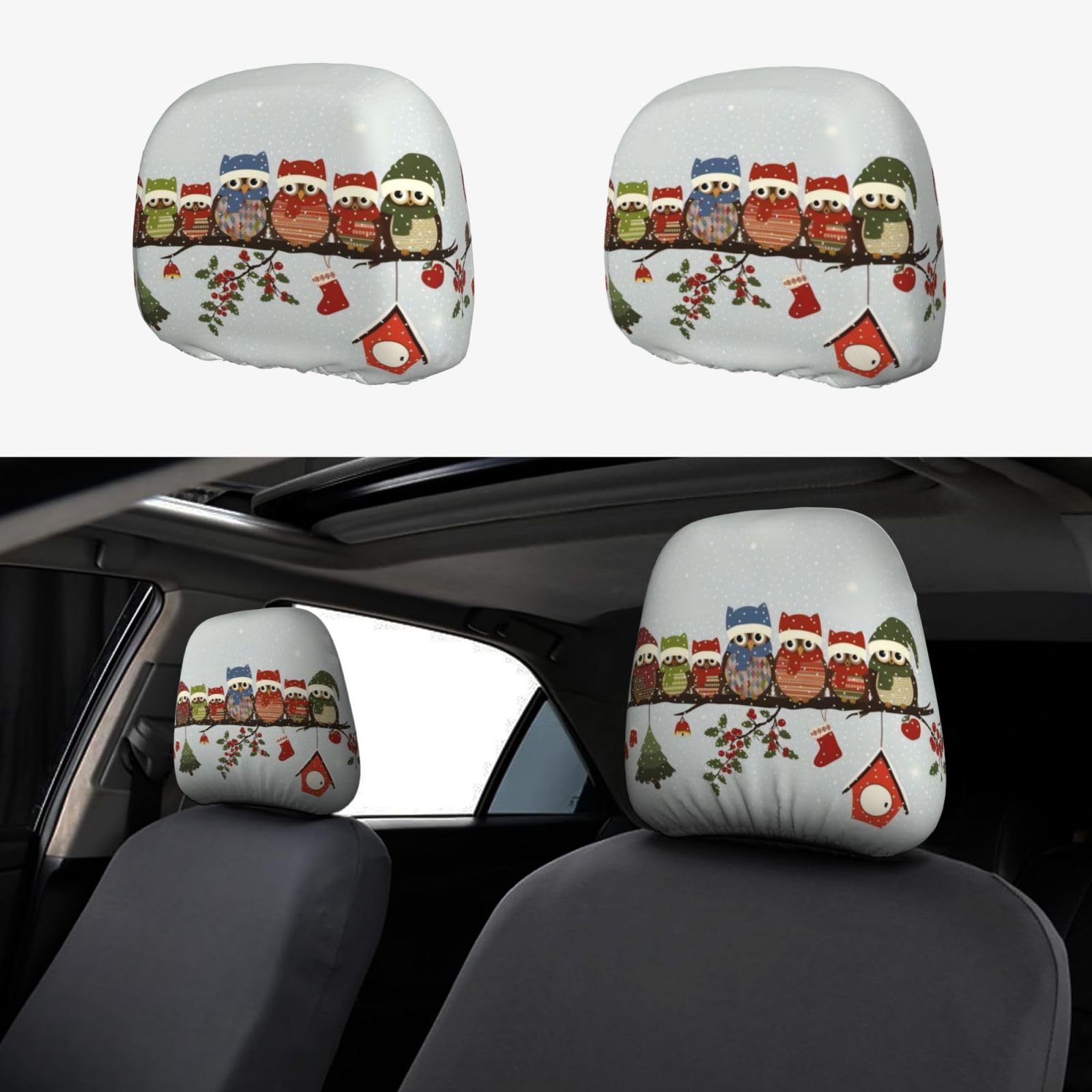 CRPPSYYR Niedliche Weihnachts-Eulen auf Ast bedruckte Autositz-Kopfstützenbezug, 2 Stück von CRPPSYYR