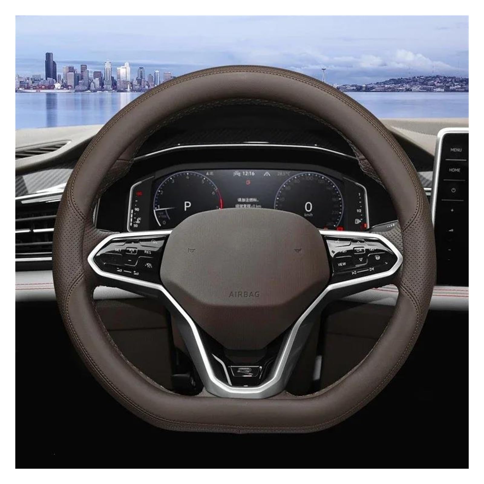 Steering Wheel Cover Für VW Für Viloran Für Jetta Für Golf 2023 2024 Für Braid On D-Typ Lenkrad Leder Auto Lenkradbezug Lenkradabdeckung(Brown) von CRUBVQQ