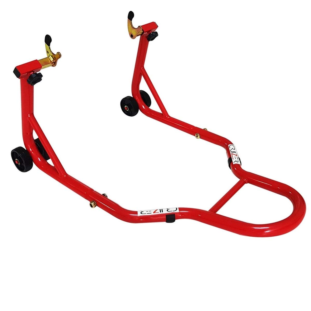 Cruizer Hinterradständer für Motorrad, Rot mit konischen Befestigungen, 4 Vorderräder und verstellbare Seitenverstärkungsstangen von CRUIZER