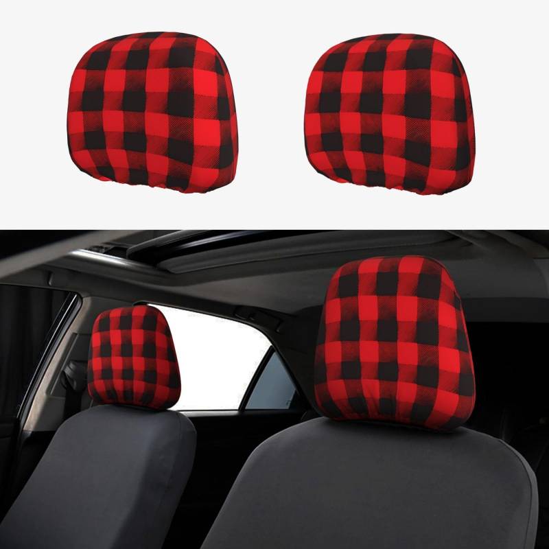 CSIVKEJ Autositz-Kopfstützenbezüge, 2-teilig, passend für die meisten Fahrzeuge, Schwarz und Rot, Buffalo Plaid Print von CSIVKEJ