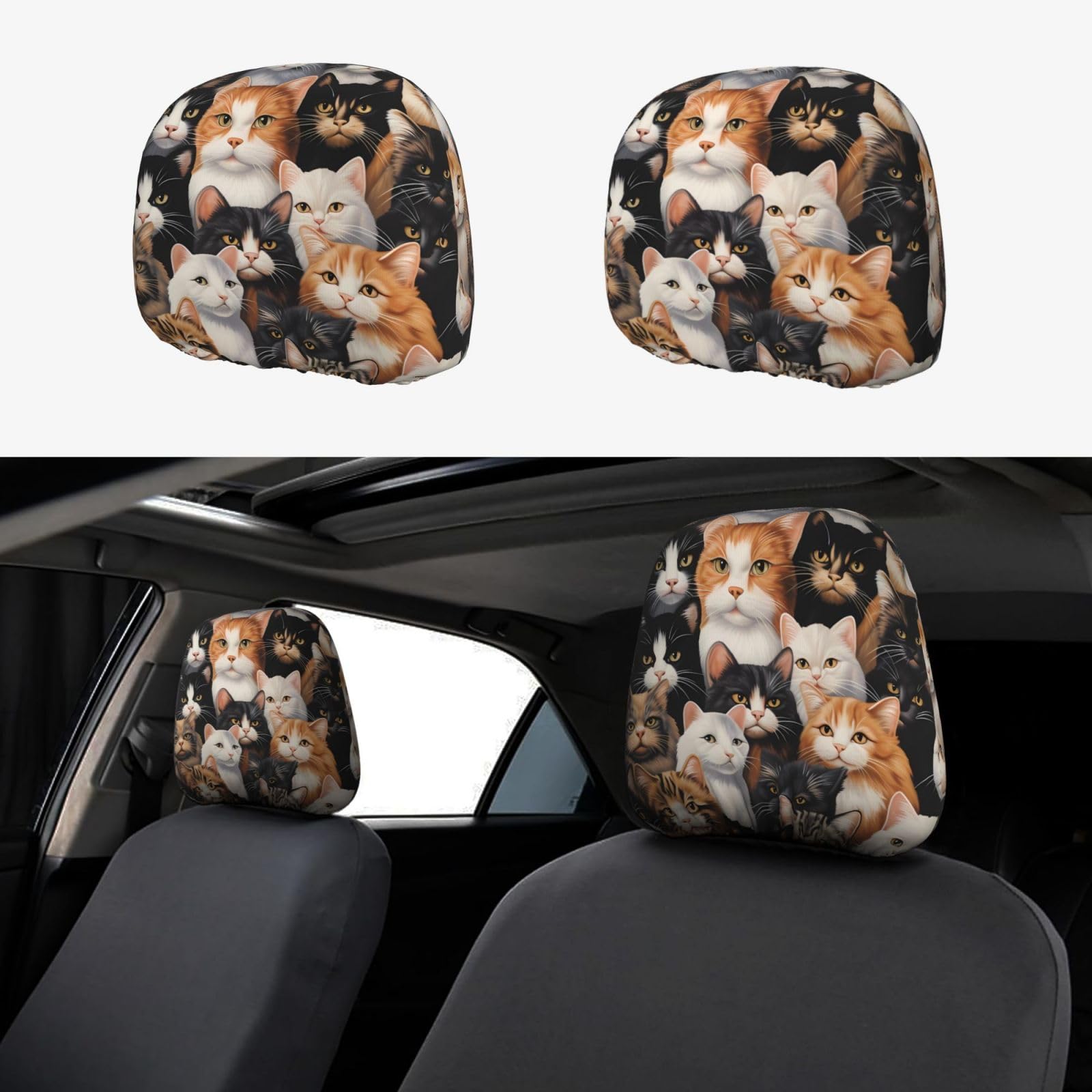 CSIVKEJ I Kitten Collage Print Auto-Kopfstützenbezüge, 2-teilig, Autositz-Kopfstützenschutz, universal, passend für die meisten Fahrzeuge, Auto-Innenzubehör von CSIVKEJ