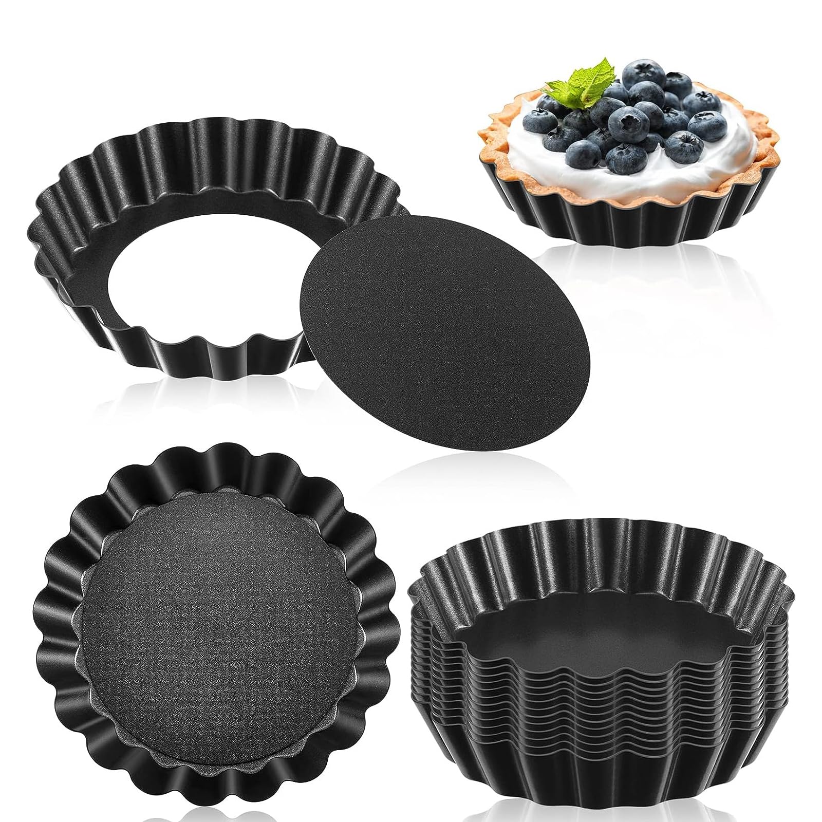 16 PCS Mini Pfannen Abnehmbarer Boden, antihaftbeschichtete runde Quicheform for Backen von Weihnachtsdesserts und Torten Schwarz Grau Rund 3 Zoll/185 von CSSWLAI