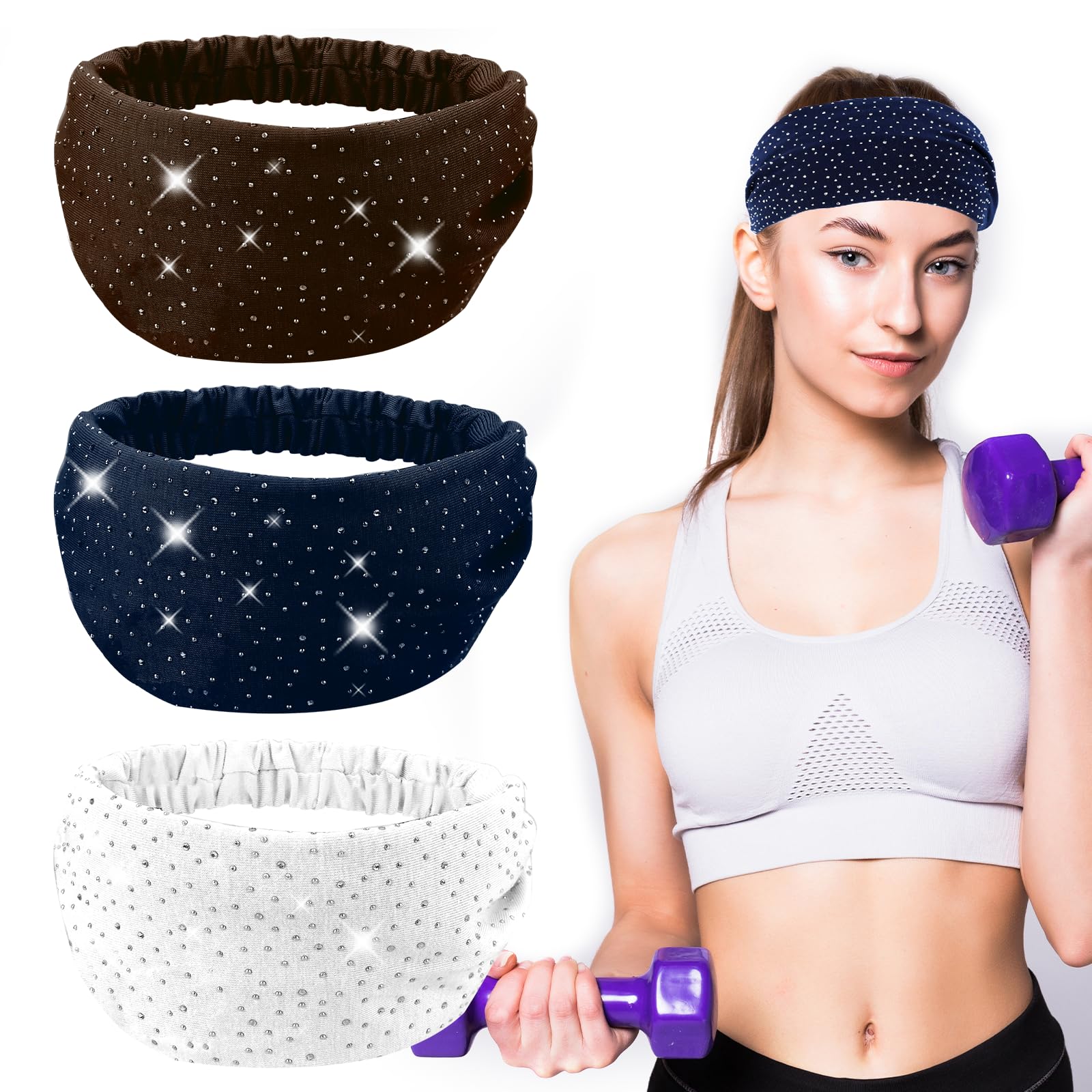 Elastisches Stirnband mit Strasssteinen, 3er-Pack, breites, dehnbares Kopftuch mit Kristallen, glitzernder Turban, afrikanische Kopfwickel, rutschfeste Sport-Haarbänder, ausgefallene Stirnbänder, funk von CSSWLAI