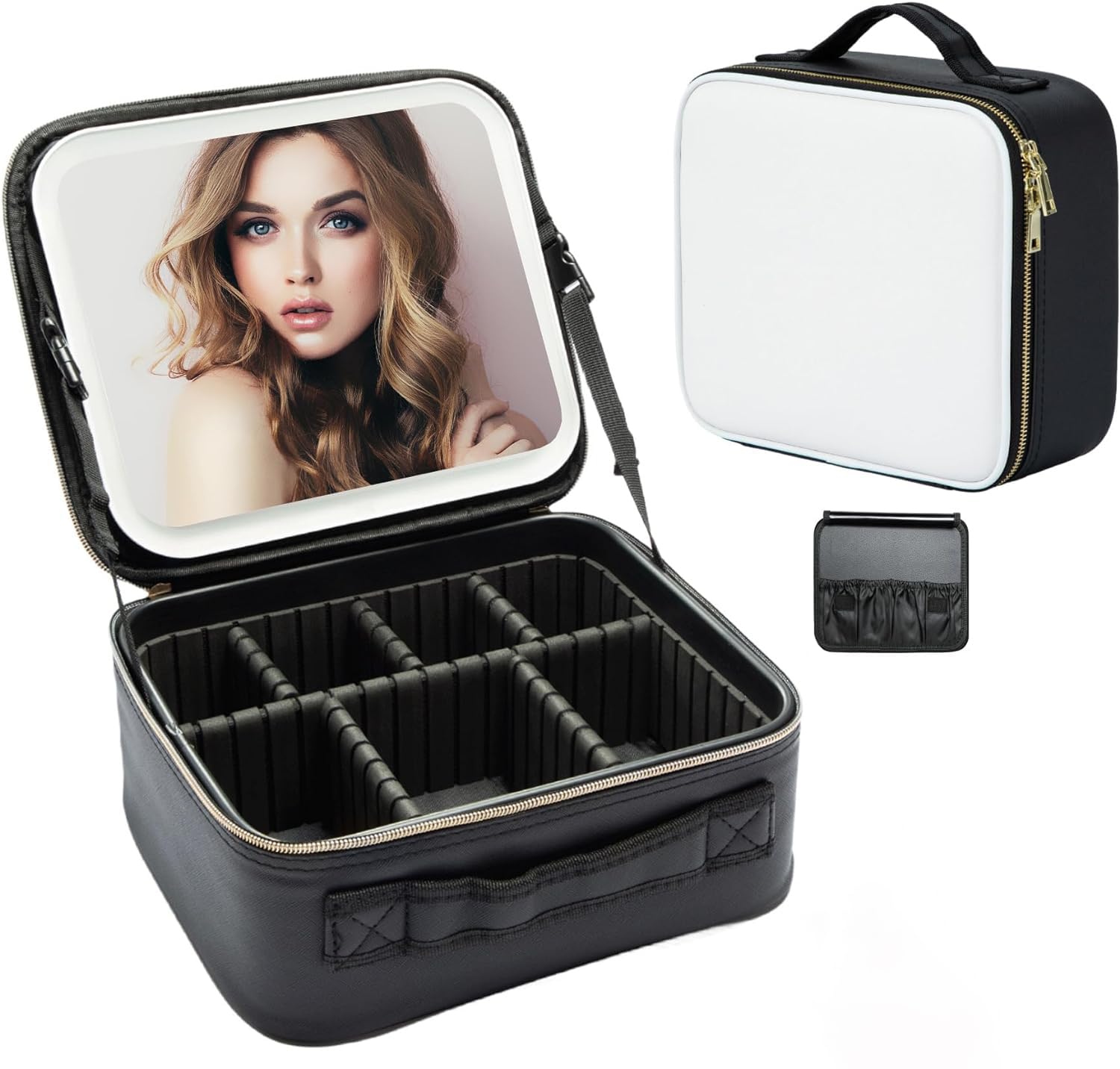 Reise-Make-up-Tasche, Kosmetiktasche, Make-up-Organizer-Tasche mit Spiegel, Make-up-Koffer mit 3-farbiger LED-Beleuchtung, Make-up-Zugkoffer mit verstellbaren Trennwänden und Pinselhalter for Frauen u von CSSWLAI