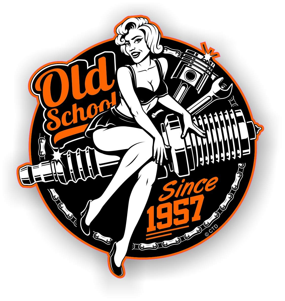 Alte Schule Retro Pin-Up Mädchen Jahr Vom 1957 Rondell Motorrad Vintage 50's Motto Design Vinyl Autoaufkleber Sticker 90x85mm von CTD