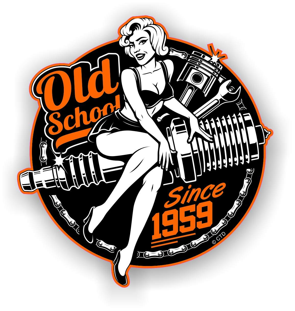 Alte Schule Retro Pin-Up Mädchen Jahr Vom 1959 Rondell Motorrad Vintage 50's Motto Design Vinyl Autoaufkleber Sticker 90x85mm von CTD