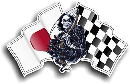 CTD Death Grim Reaper Skull Design mit Racing Japan japanische Hinomaru Flagge & Chequred Flagge Neuheit Auto-Aufkleber Vinyl Aufkleber 130 x 80 mm von CTD