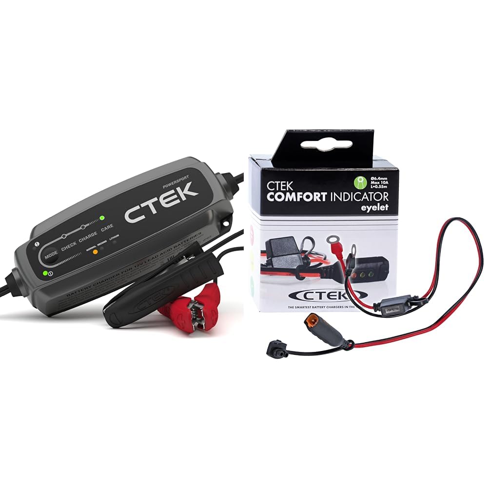 CTEK CT5 Powersport, Batterieladegerät 12V, Ladegerät LiFePO4, AGM Ladegerät & Comfort Indicator EYELET M6 Verbindungskabel mit Ösen M6 und Anzeigetafel zum Prüfen des Batteriestatus von CTEK