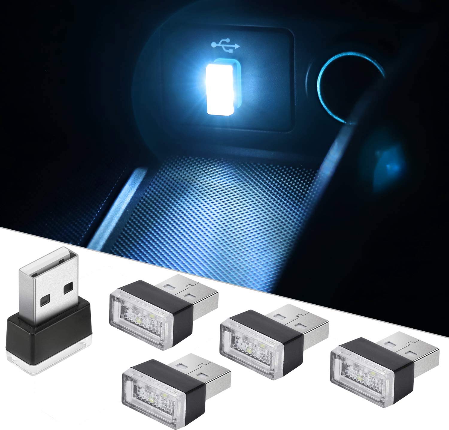 CTRICALVER USB Auto Beleuchtung, Auto LED-Atmosphäre Lichter, USB Licht,Innenraumbeleuchtung Auto USB, USB Licht Auto (5 Stück Eisblau) von CTRICALVER