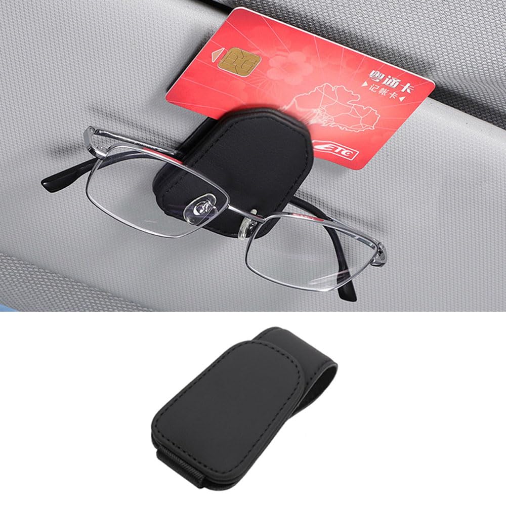 CUEMOON Brillenhalter für Auto Sonnenblende, Leder Sonnenbrillen Halterung für Auto Visier Zubehör, Magnetische Auto Visier Brillenhalter, Ticket-Kartenclip, 9.5 * 4.5 cm, Schwarz von CUEMOON