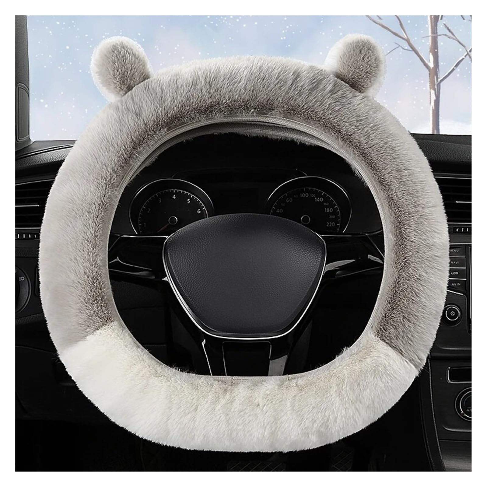 Lenkradabdeckung Zweifarbige elastische Auto-Lenkradabdeckung für Damen, Winter, Mini, niedlicher Plüsch, rutschfeste Lenkradabdeckung Lenkradbezug Auto(Grey-Brown) von CUTEAS