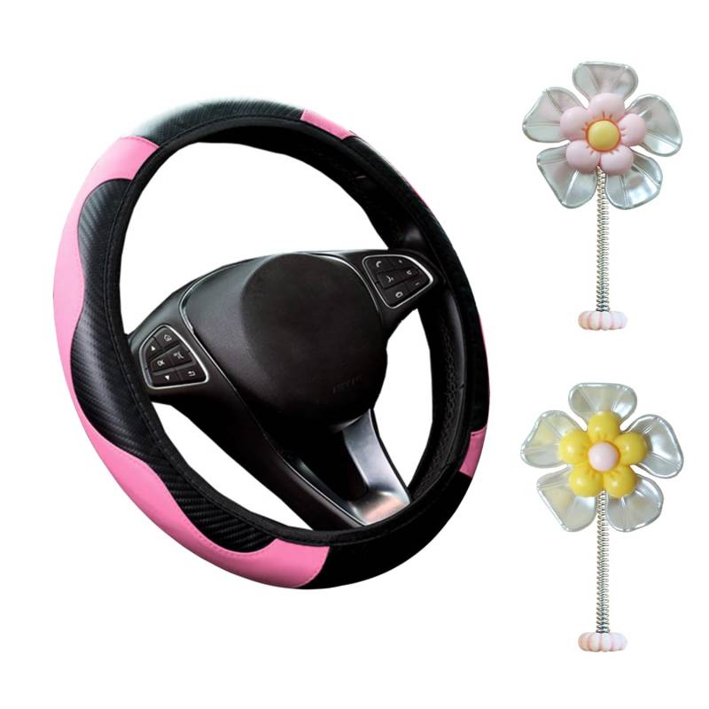 1 Rosa Lenkradbezug Und 2 Blumenornamente, Elastischer Lenkradbezug, Modische Lenkradschutzhülle, Auto-Innendekoration von CVFRTT