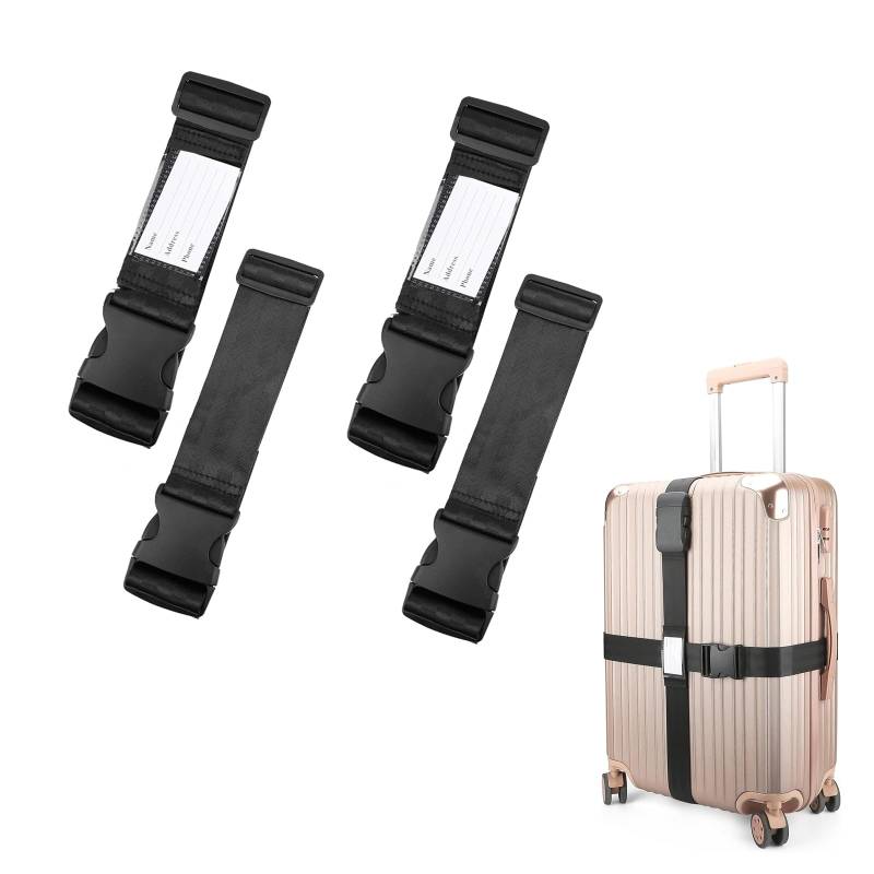 CXNXFD 4 Stück Koffergurt mit Stück Gepäckanhänger Set für Koffer, Verstellbarer Nylon-Koffer-Reisegürtel mit Tags Identifier Heavy Duty Packgurte Reisetasche Verschluss Zubehör (Schwarz) von CXNXFD