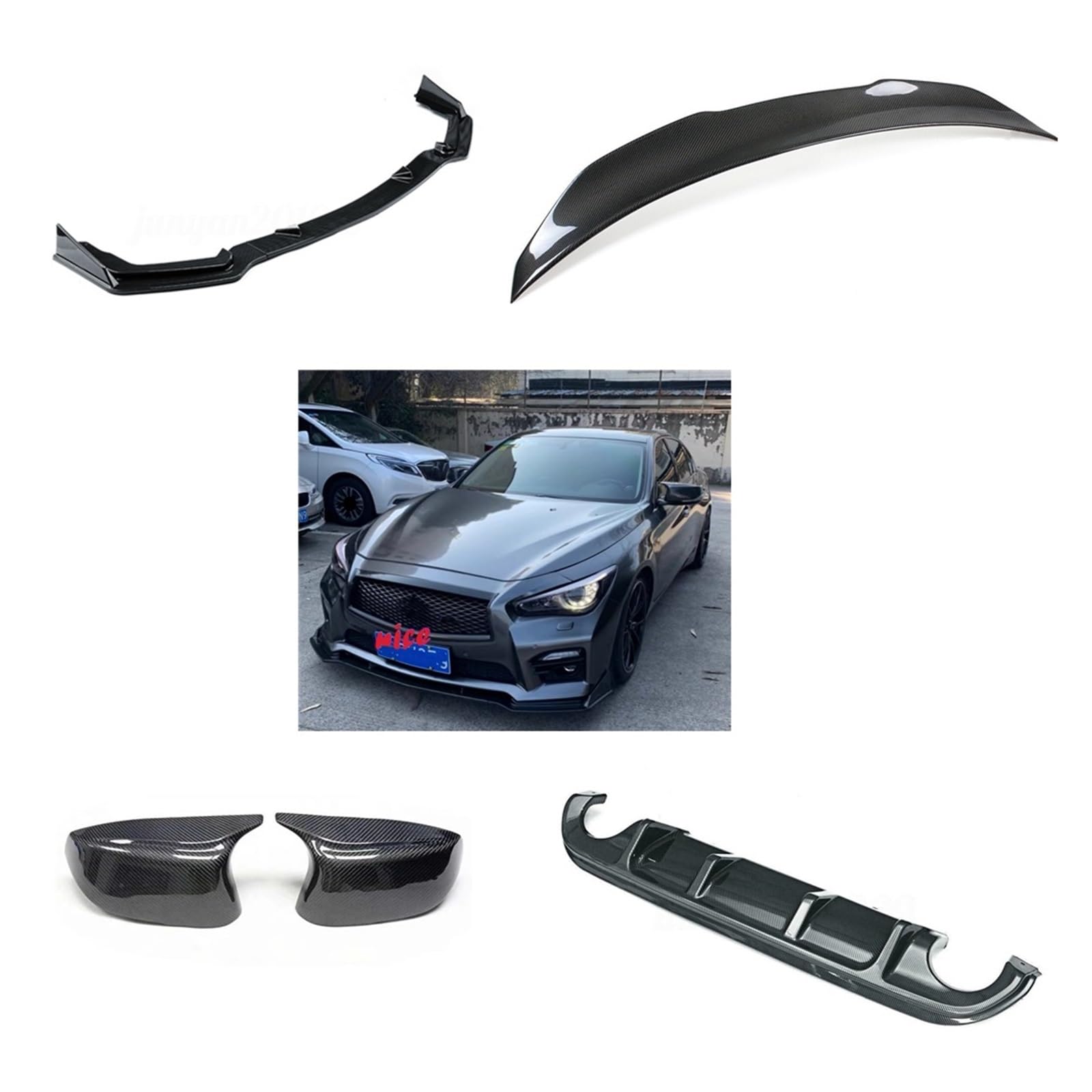 Kompatibel for Infiniti Q50 2014–2017 Sportwagen aus Kohlefaser + ABS-Frontstoßstangensplitter + Heckdiffusorlippe + Heckspoilerflügel + Spiegelabdeckung von CXYLOVELG