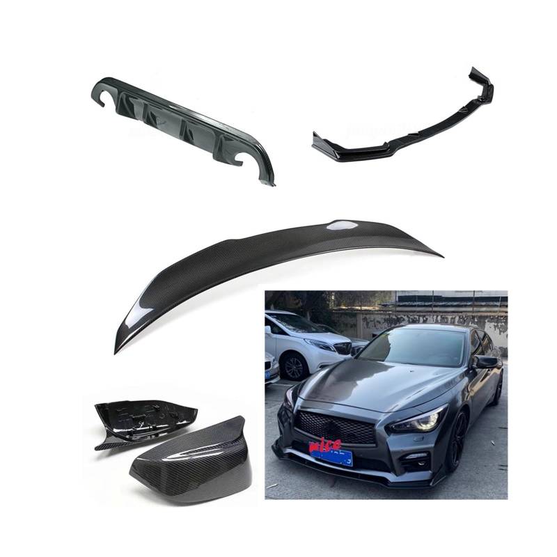 Kompatibel for Infiniti Q50 2014–2017 Sportwagen aus Kohlefaser + ABS-Frontstoßstangensplitter + Heckdiffusorlippe + Spiegelabdeckung + Heckspoilerflügel von CXYLOVELG