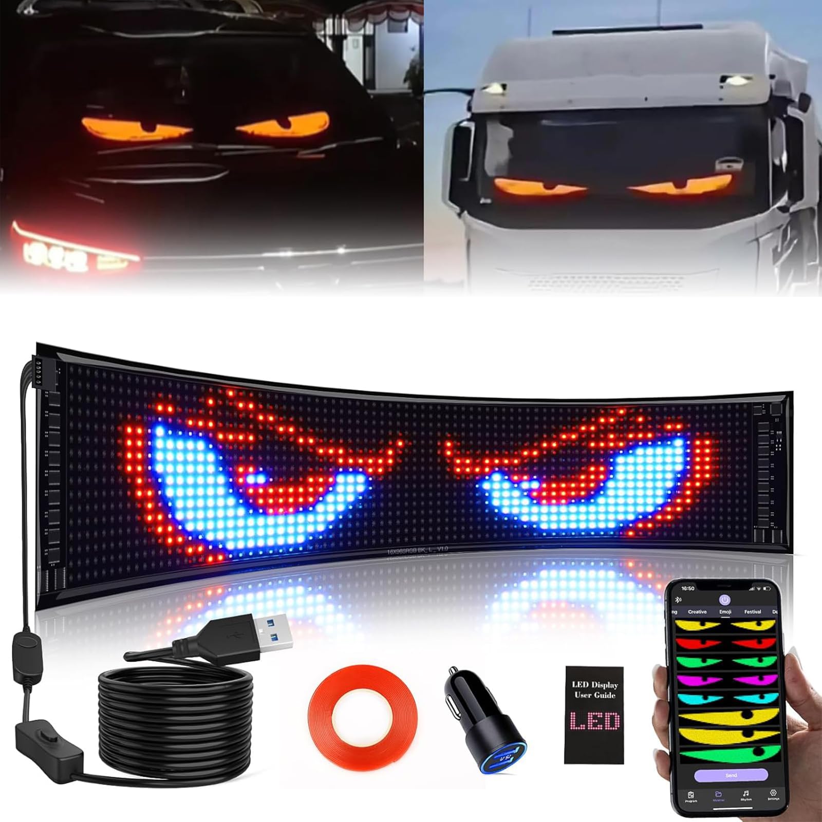 (192mm*1762mm) Devil Eyes Light for Cars Led Augen für LKW,Led Anzeige Programmierbar Led Laufschrift Leuchtreklame Personalisiert Leuchtschild FüR,Auto,LKW,Text,Graffiti,Smart App,Bluetooth USB 5V von CXYP