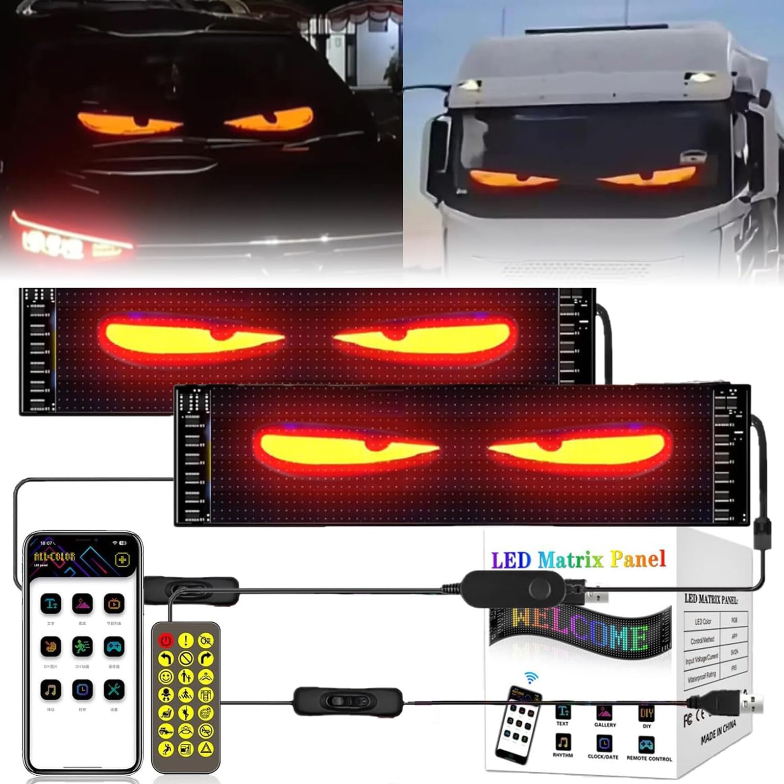 2er Devil Eyes Light For Cars Led Augen für Lkw,Led Anzeige Programmierbar Led Laufschrift Leuchtreklame Personalisiert Leuchtschild für Auto,LKW,Text,Graffiti,Smart App,Bluetooth USB 5V (108mm*348mm) von CXYP