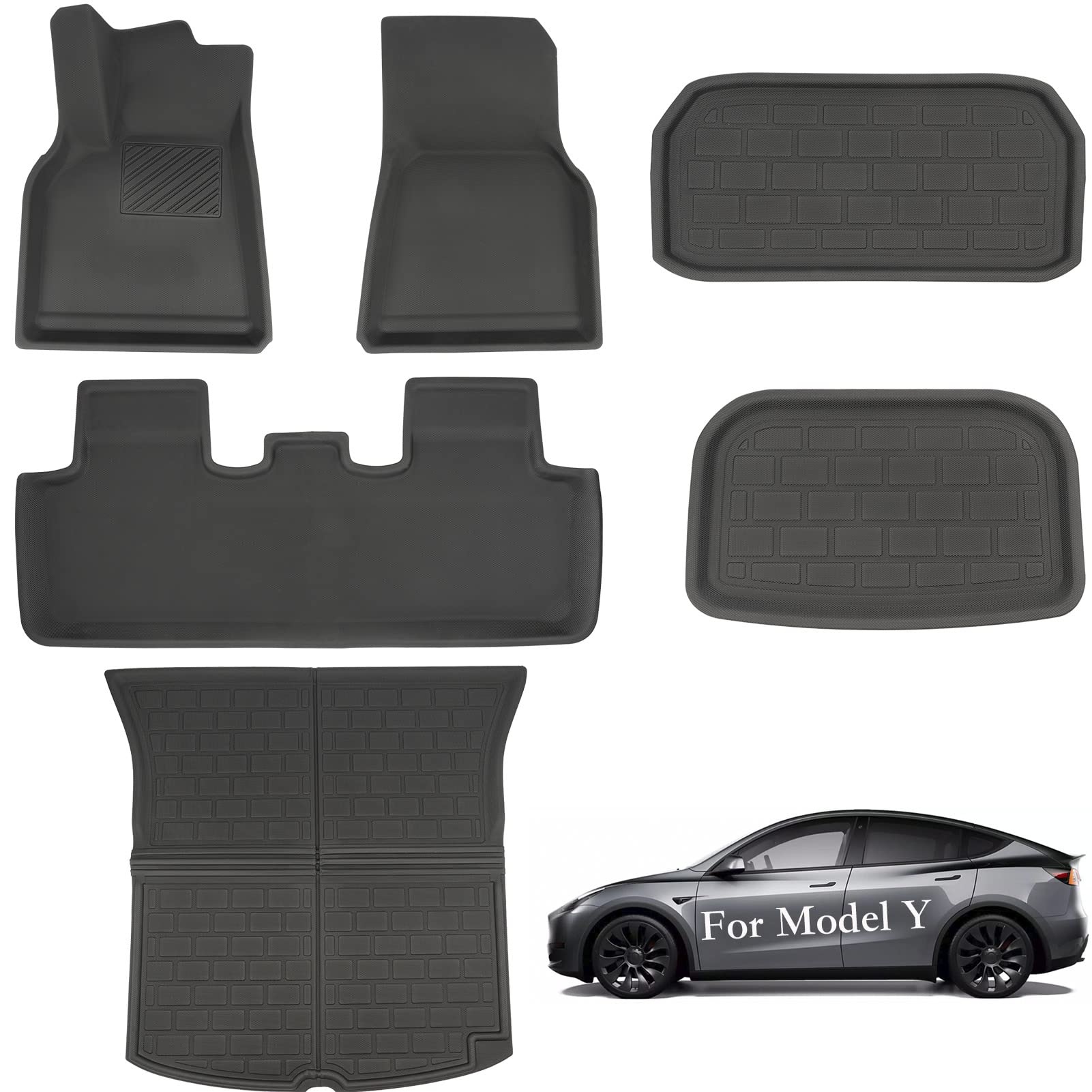 CYBERBEANS 6 Stück Fußmatten für Tesla Model Y 2025 2024 2023 Zubehör, XPE Allwetter-Anti-Rutsch-Wasserdicht 3D Front Rear Kofferraum Cargo Liner Tray Matten von CYBERBEANS