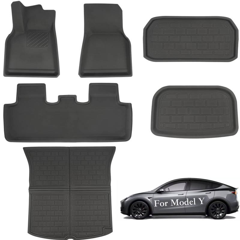 CYBERBEANS 6 Stück Fußmatten für Tesla Model Y 2024 2023 Zubehör, XPE Allwetter-Anti-Rutsch-Wasserdicht 3D Front Rear Kofferraum Cargo Liner Tray Matten von CYBERBEANS