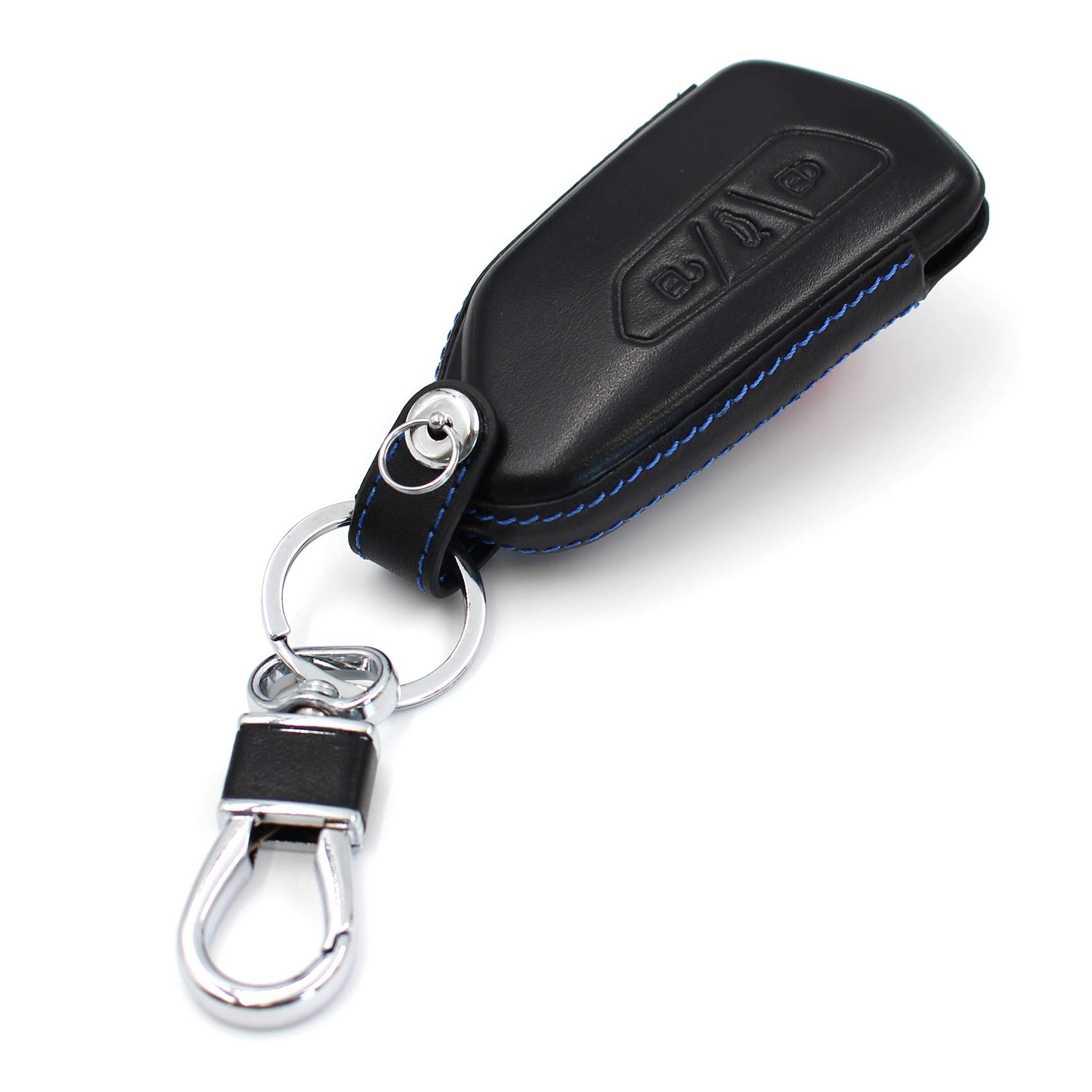 Schlüssel Hülle VF für 3 Tasten Auto Schlüssel Leder Cover Schlüsselhülle Etui Schutzhülle (Schwarz Blau Leder) von CYK www. CoverYourKey .de