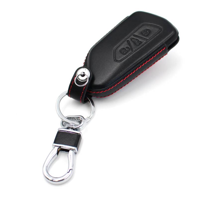 Schlüssel Hülle VF für 3 Tasten Auto Schlüssel Leder Cover Schlüsselhülle Etui Schutzhülle (Schwarz Rot Leder) von CYK www. CoverYourKey .de