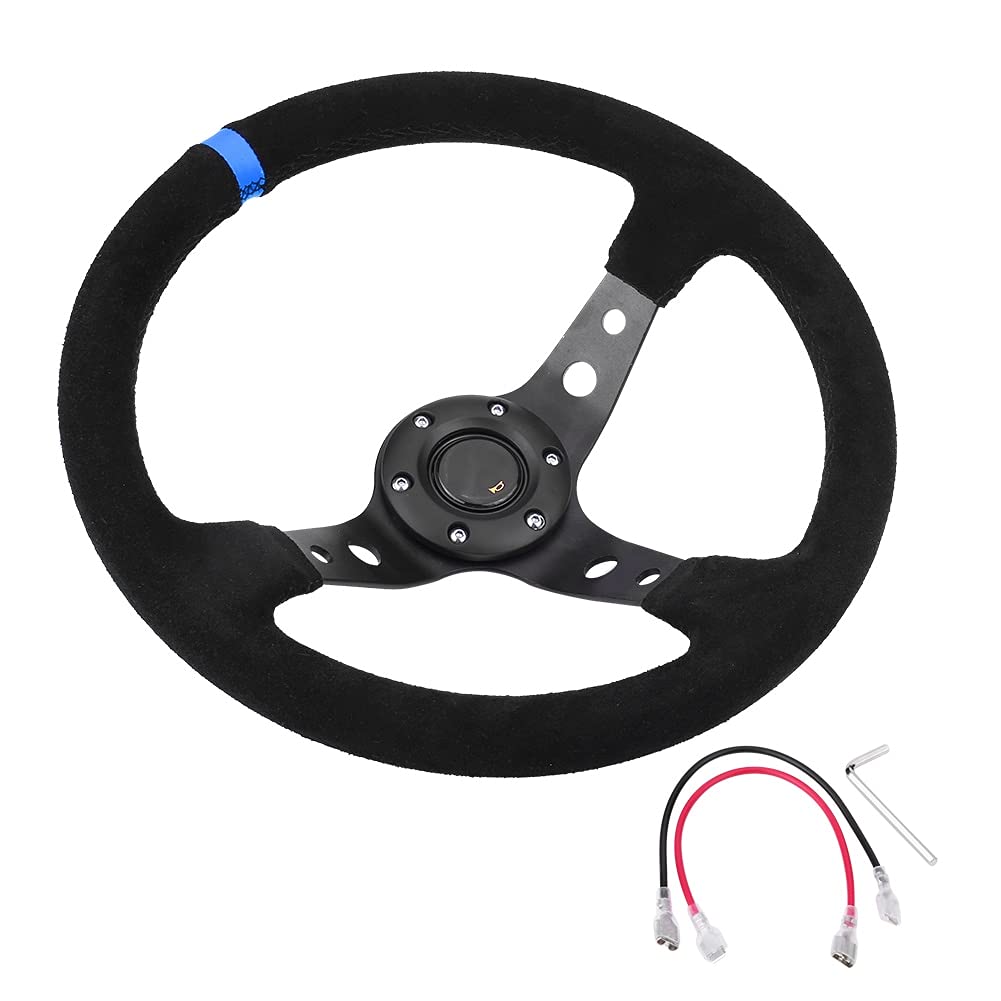 Drifting Steering Wheel,Sportlenkrad Universal 14 Zoll Racing Lenkung Deep Corn Drifting Leder 350mm Autolenkrad mit Hupe 6-Loch (Color : Blue) von CYMKYQ