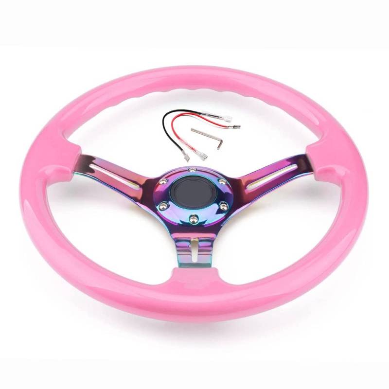 Drifting Steering Wheel,Sportlenkrad Universal 350mm 14Inch Classic ABS Auto-Sport-Lenkrad mit Neo-Chromspeichen (Color : Pink) von CYMKYQ