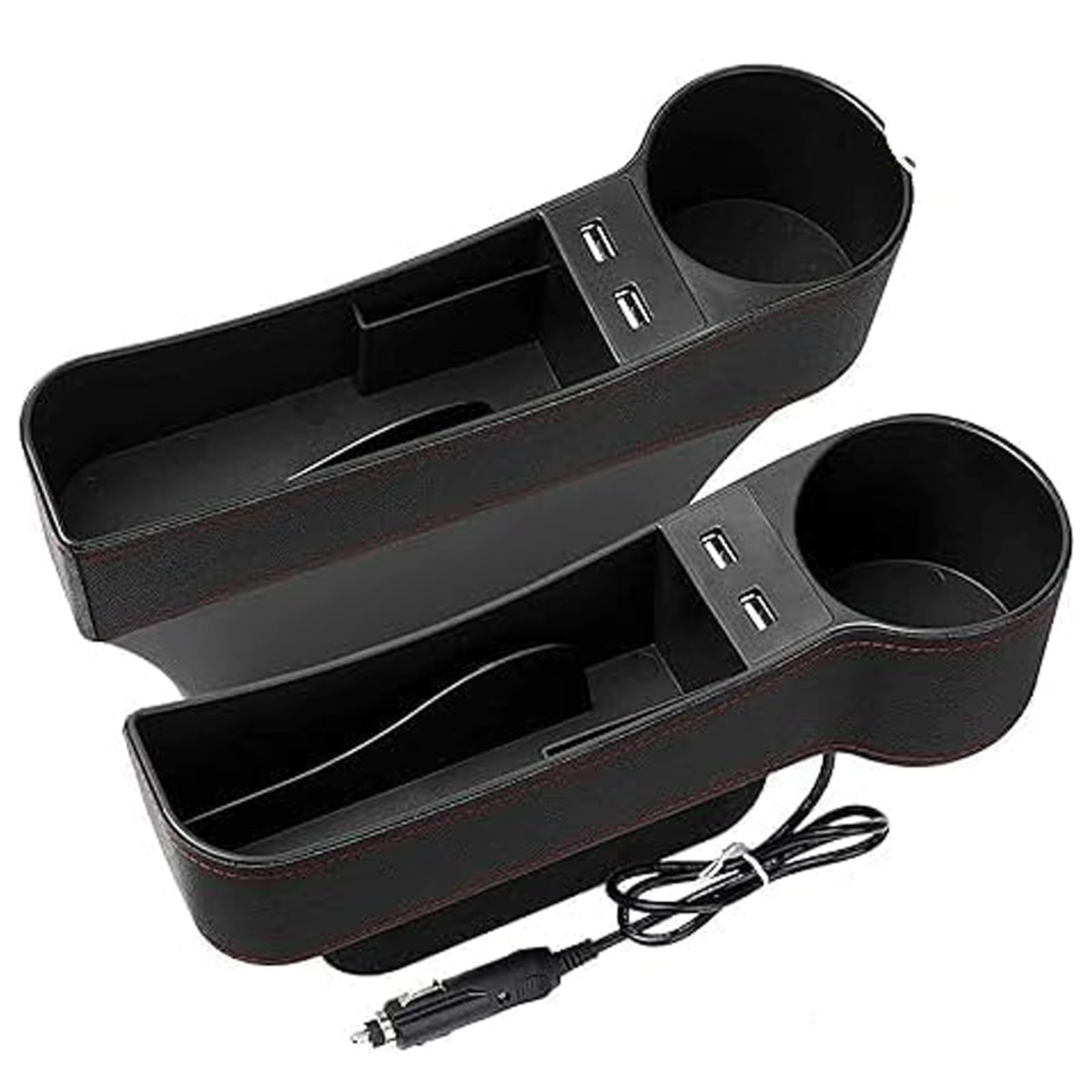 Caalii Autositz-Organizer mit 2 USB-Aufladungen, Premium-Seitentasche, Leder-Aufbewahrungsbox, multifunktional mit Dual-USB-Aufladung, Getränkehalter, Autositz-Lückenfüller, für Handys, Geldbörse, von Caalii