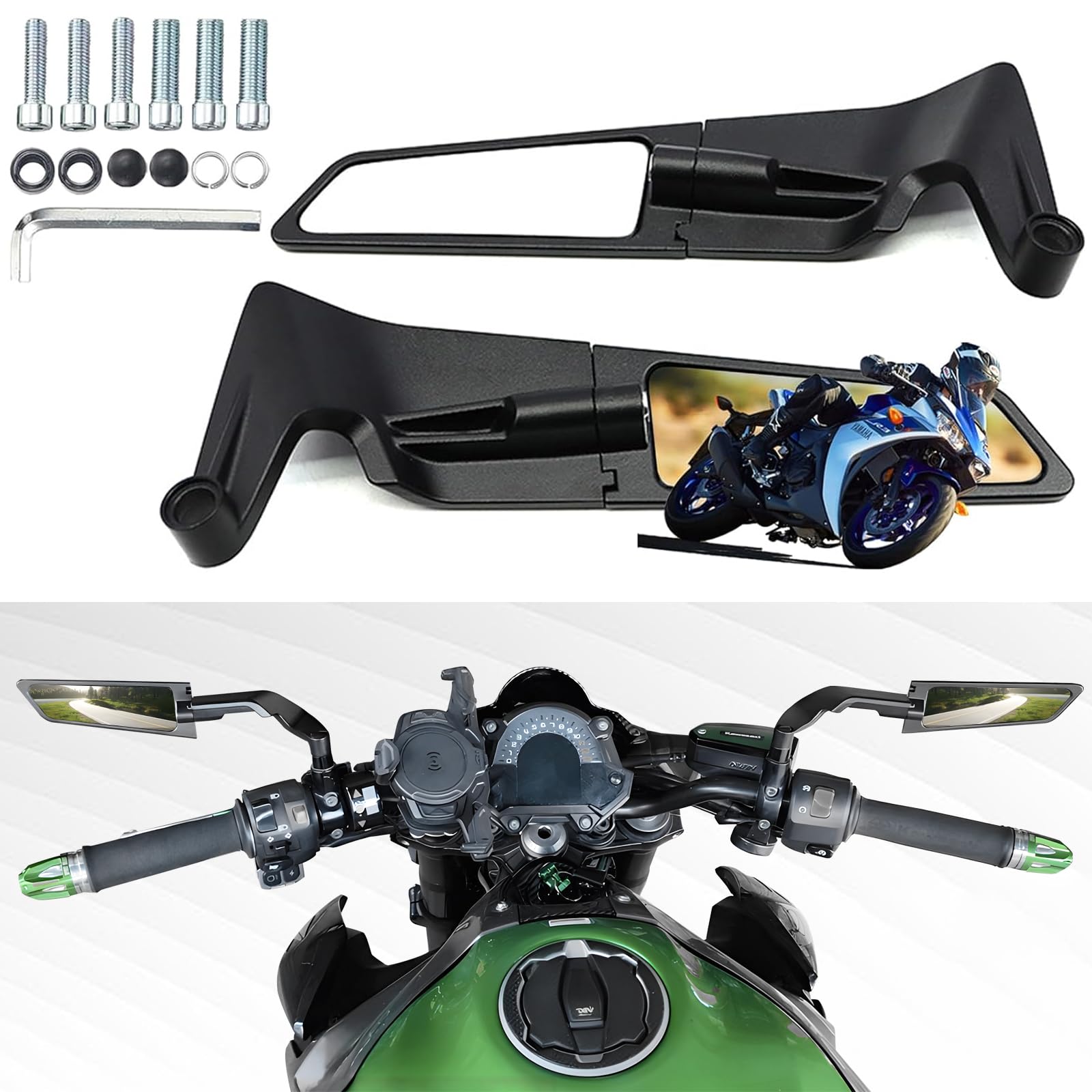 Motorrad-Rückspiegel, verstellbar, um 360 ° drehbar, Stealth-Wind-Seitenspiegel, kompatibel mit Kawasaki Z400 Z650 Z900 Z1000 Duke 125 200 250 390 690 790 1290 usw (8 mm, 10 mm) von Caboriallan