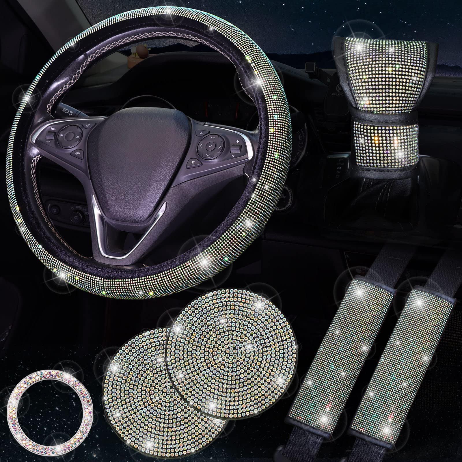 Cachpib 7-teiliges glitzerndes Autozubehör-Set für Damen, glitzerndes Lenkradbezug für Damen, niedliches Auto-Zubehör-Set mit Sicherheitsgurtabdeckungen, Schalenpolster, Startknopf-Ringe, Farbe von Cachpib