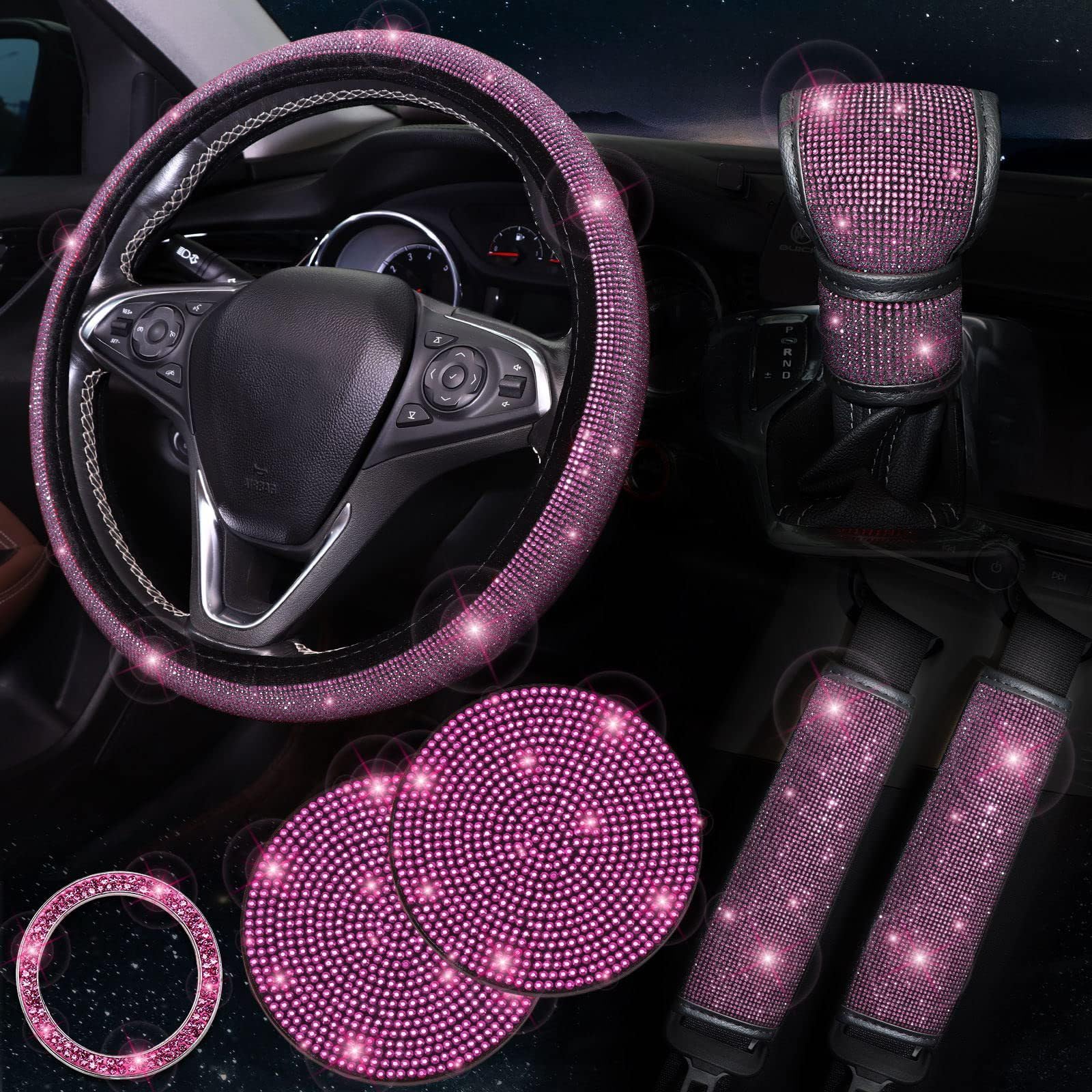 Cachpib 7-teiliges glitzerndes Autozubehör-Set für Damen, glitzerndes Lenkradbezug für Damen, niedliches Auto-Zubehör-Set mit Sicherheitsgurtabdeckungen, Schalenpolster, Startknopf-Ringe, Rosarot von Cachpib